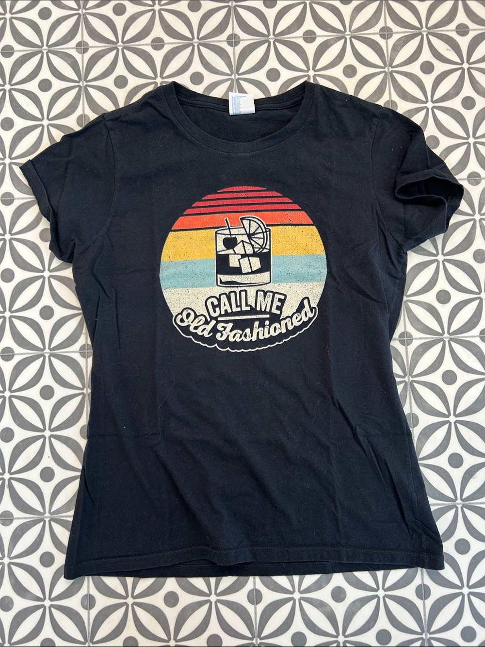 Port and Company Black Tee with Retro Sunset Cocktail Graphic